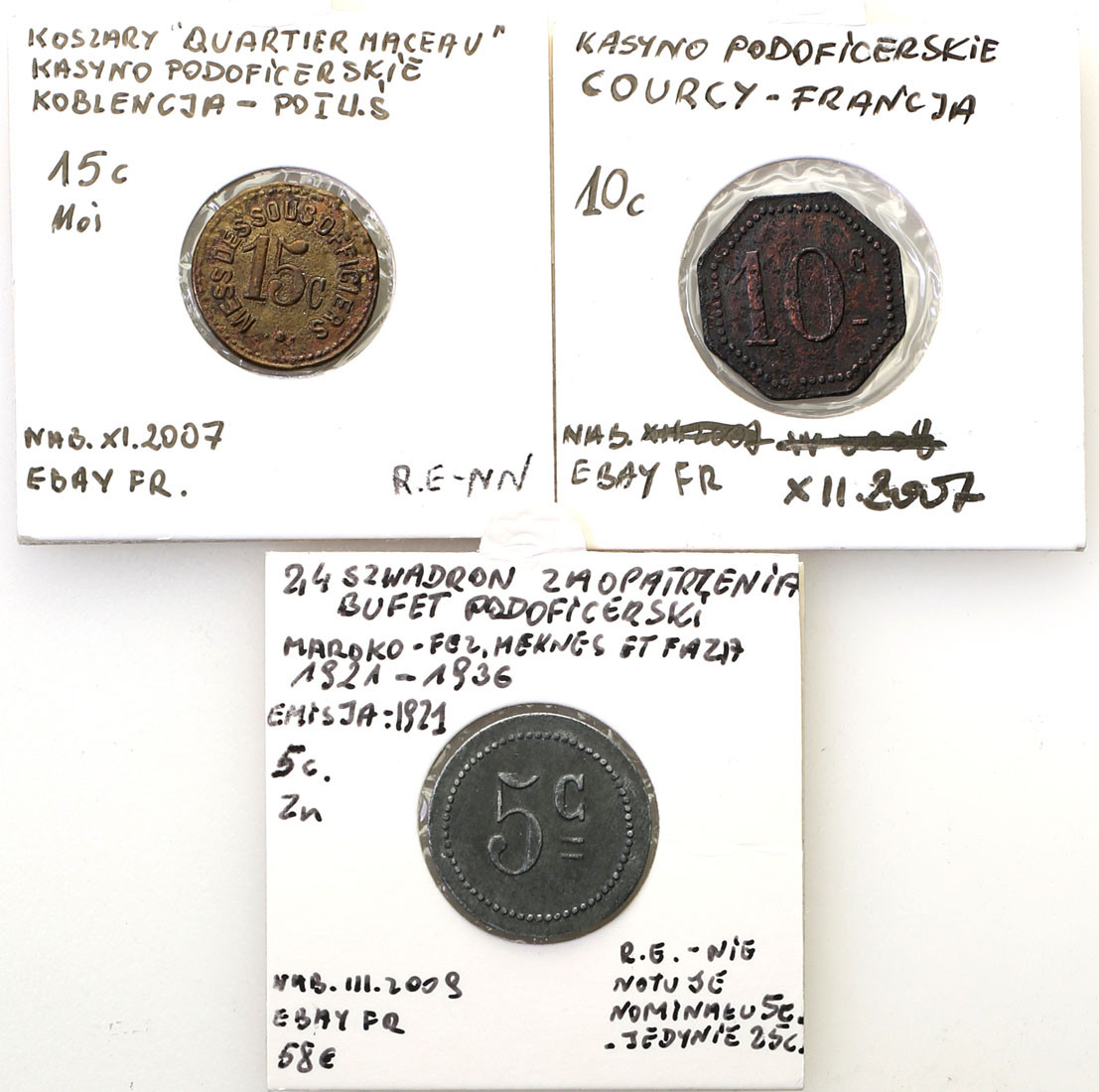 Francja. 5, 10, 15 centimes Kasyna Podoficerskie, Kantyny Wojskowe, zestaw 3 monet